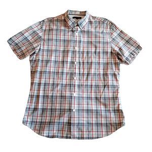 Banana Republic Shirt size Large Cotton Plaid Short Sleeve Button Front Grey Red